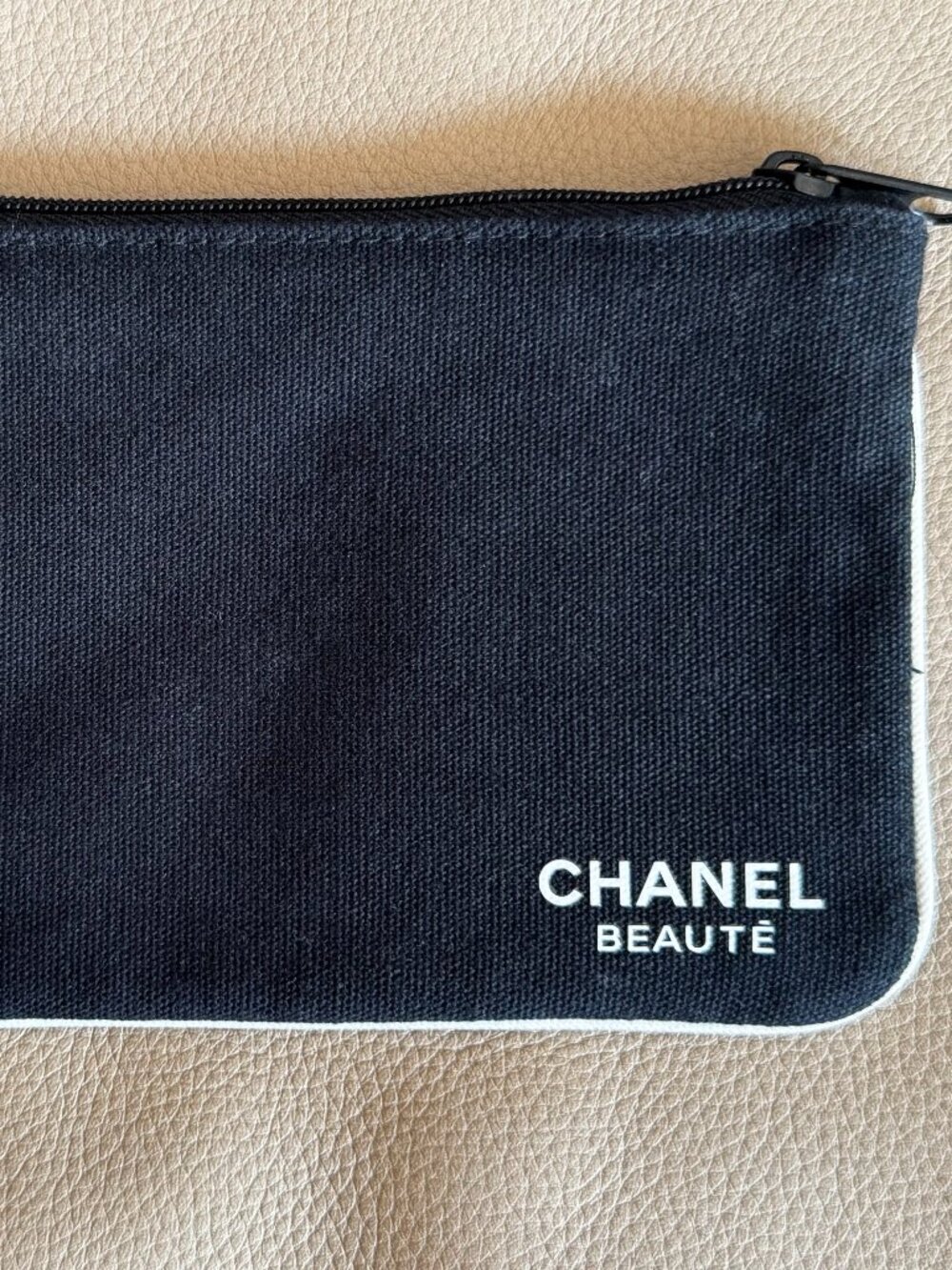 CHANEL Beaute Black Canvas Cosmetic Makeup Pouch White Trim Zip Bag Vintage